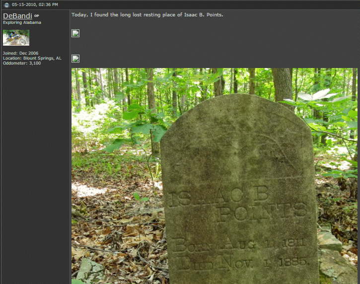 "Today, I found the long lost resting place of Isaac B. Points. This lost cemetery has an estimated 50 graves with only two headstones remaining. The remaining headstones are original."  Source
